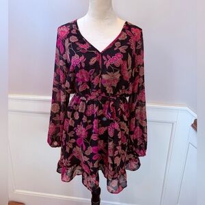 Sanctuary NWT sz S Black and Pink Floral Long Sleeve Dress; sheer sleeves